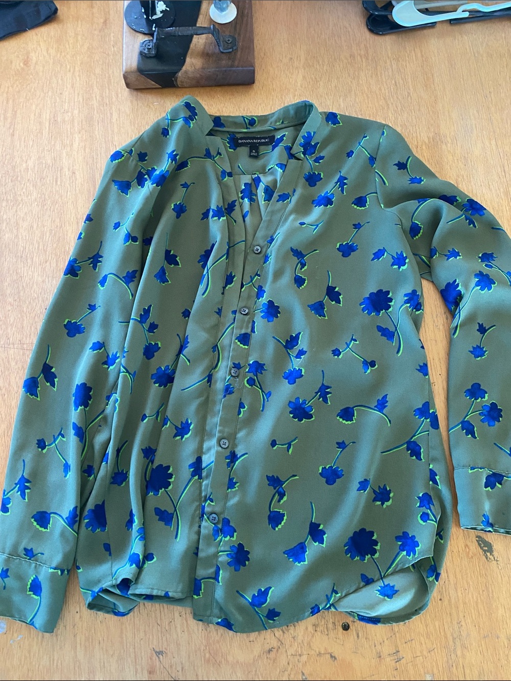 Banana Republic Olive Green Blouse with Bright Blue Floral Print